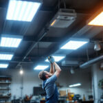 A photograph of a well-lit garage space featuring modern led ceiling lights