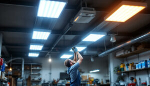 A photograph of a well-lit garage space featuring modern led ceiling lights