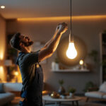 A photograph of a lighting contractor installing a modern lamp bulb in a stylish residential setting