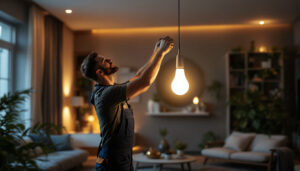 A photograph of a lighting contractor installing a modern lamp bulb in a stylish residential setting