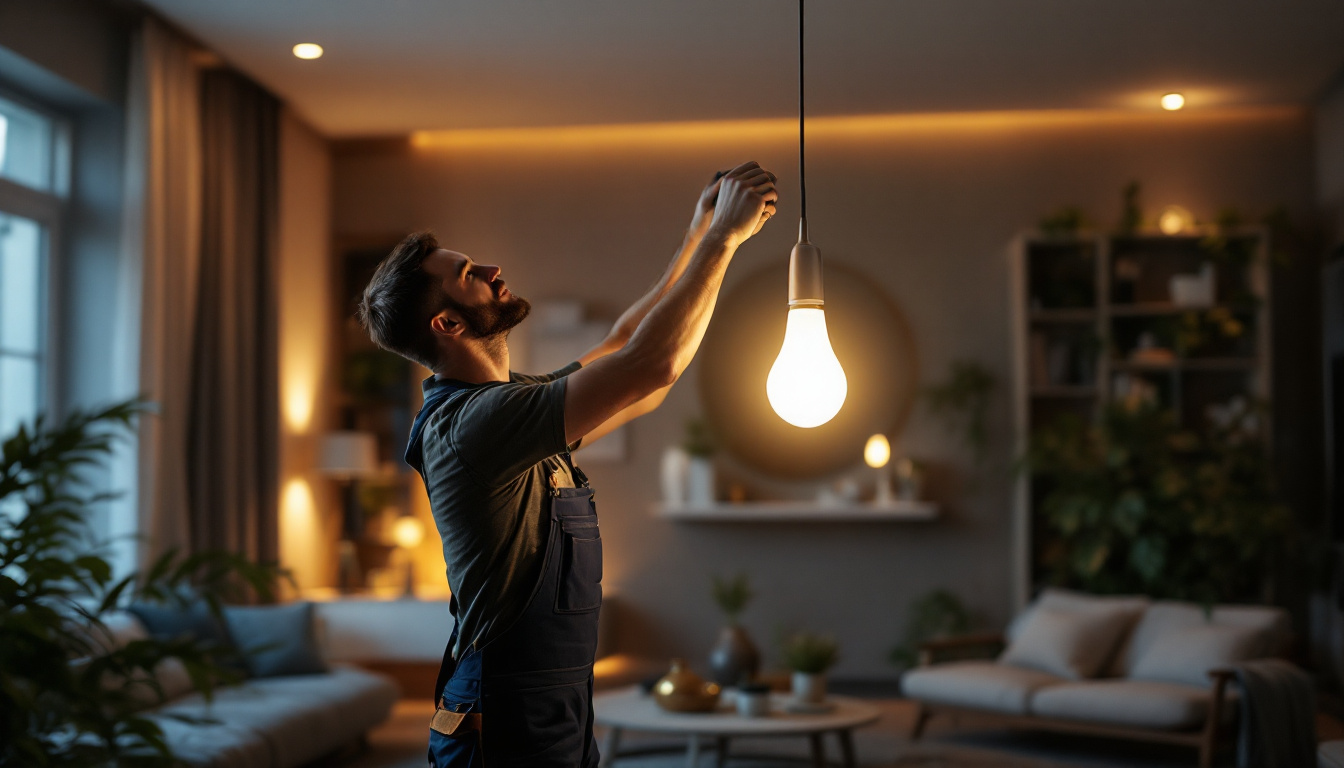 A photograph of a lighting contractor installing a modern lamp bulb in a stylish residential setting