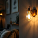 A photograph of a beautifully designed lamp sconce illuminating a cozy