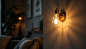 A photograph of a beautifully designed lamp sconce illuminating a cozy