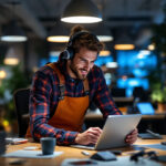 A photograph of a lighting contractor using light cove technology in a modern workspace