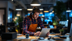 A photograph of a lighting contractor using light cove technology in a modern workspace