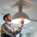 A photograph of a modern ceiling led light fixture installed in a well-lit room