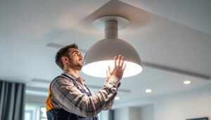 A photograph of a modern ceiling led light fixture installed in a well-lit room