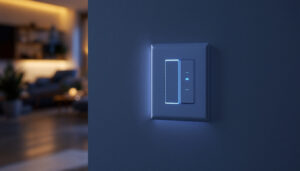 A photograph of a stylishly designed switch and outlet combo installed in a modern home setting