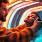 A photograph of a skilled lighting contractor expertly installing or inspecting tan bed bulbs in a salon setting