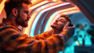 A photograph of a skilled lighting contractor expertly installing or inspecting tan bed bulbs in a salon setting