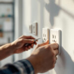 A photograph of a lighting contractor working with various types of electrical outlets