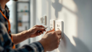 A photograph of a lighting contractor working with various types of electrical outlets