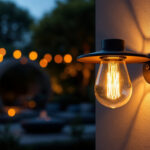 A photograph of a beautifully designed outdoor lighting fixture illuminating a stylish patio or garden space at dusk