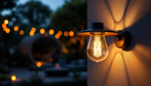 A photograph of a beautifully designed outdoor lighting fixture illuminating a stylish patio or garden space at dusk