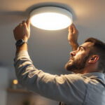 A photograph of a skilled lighting contractor installing a cap recessed light in a modern home setting