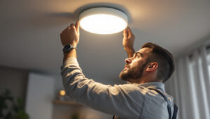 A photograph of a skilled lighting contractor installing a cap recessed light in a modern home setting