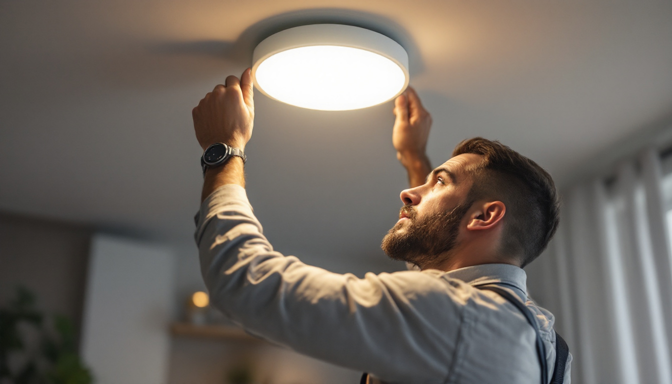 A photograph of a skilled lighting contractor installing a cap recessed light in a modern home setting