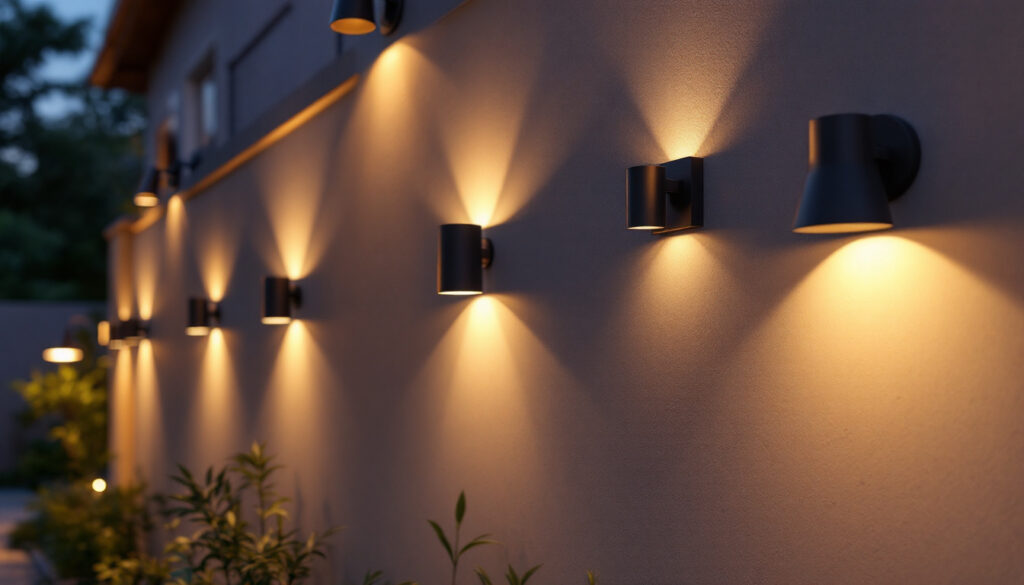 A photograph of a beautifully illuminated outdoor wall featuring a variety of stylish lighting fixtures