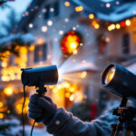 A photograph of a lighting contractor installing a vibrant christmas projector light on a festive home exterior