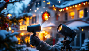 A photograph of a lighting contractor installing a vibrant christmas projector light on a festive home exterior
