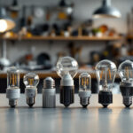 A photograph of a variety of light bulb socket types displayed together on a clean
