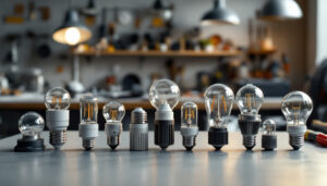 A photograph of a variety of light bulb socket types displayed together on a clean