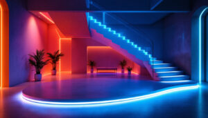 A photograph of a beautifully lit interior space showcasing vibrant led tape lighting accentuating architectural features