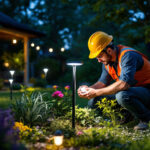 A photograph of a lighting contractor expertly installing solar lights in an outdoor setting