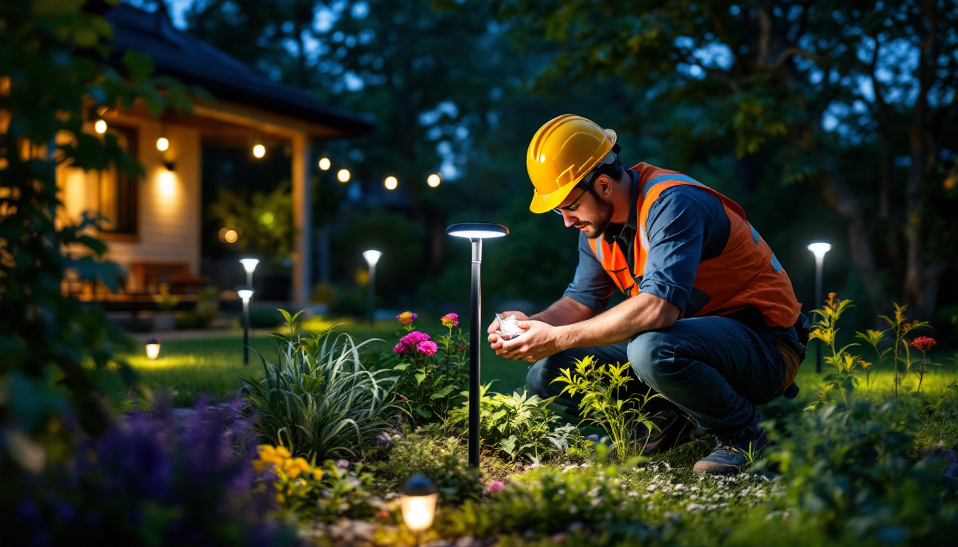 A photograph of a lighting contractor expertly installing solar lights in an outdoor setting