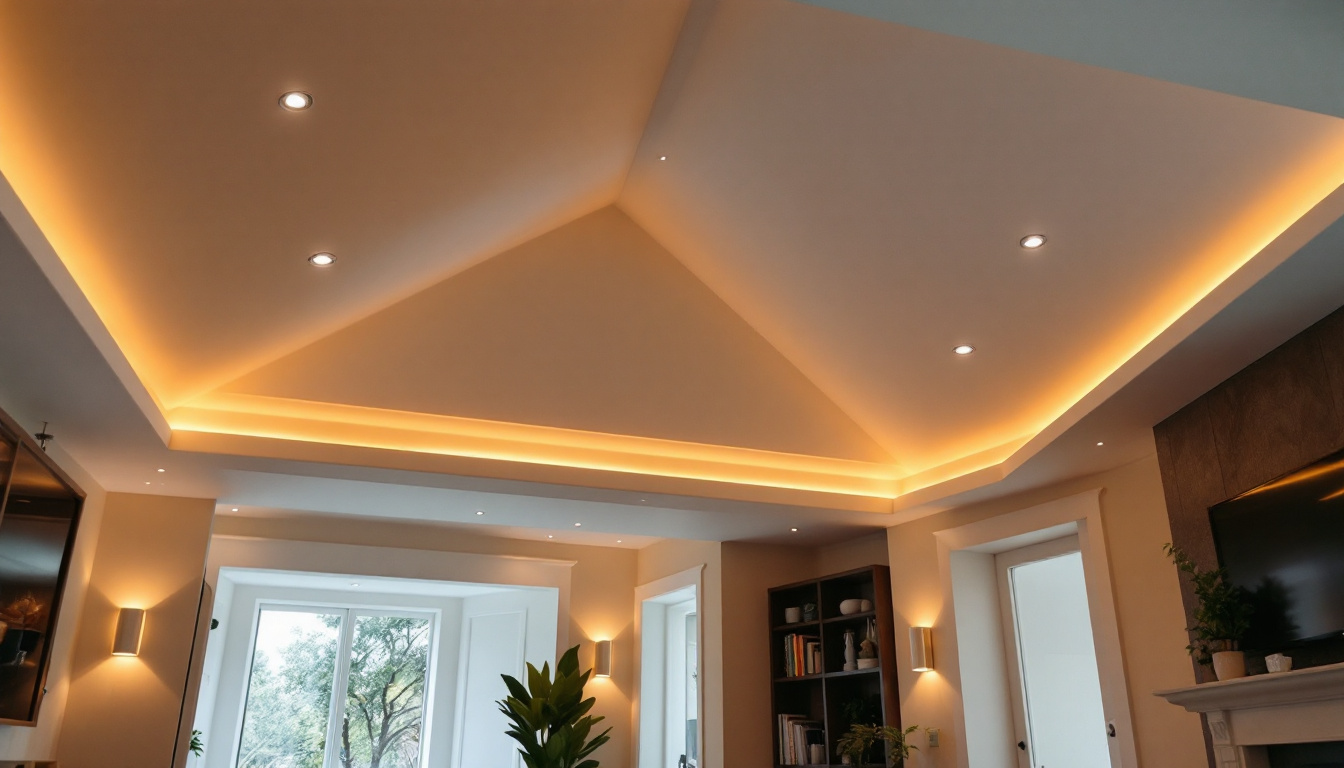 A photograph of a beautifully designed vaulted ceiling featuring recessed can lights
