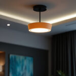 A photograph of a well-designed ceiling-mounted lighting fixture in a stylish interior setting