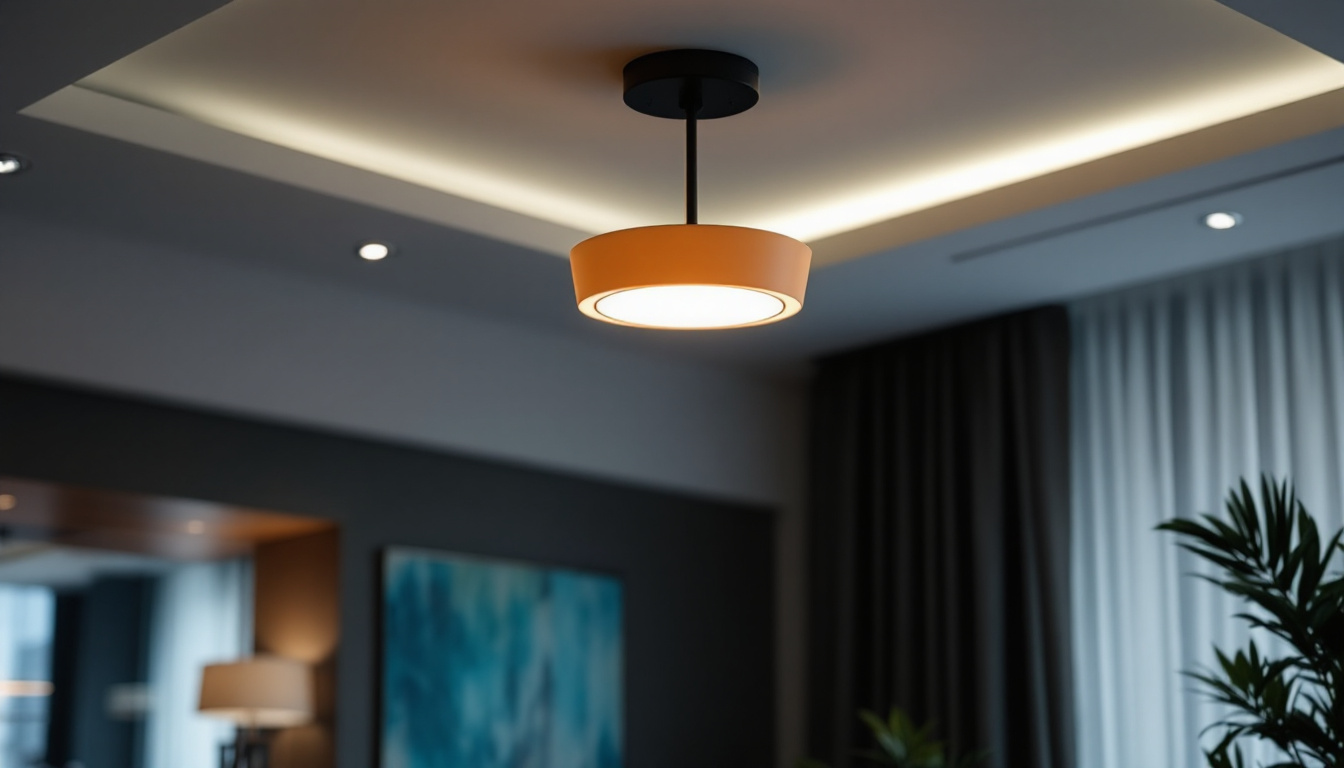 A photograph of a well-designed ceiling-mounted lighting fixture in a stylish interior setting