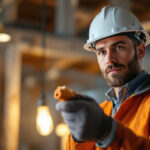 A photograph of a lighting contractor expertly using a twist lock plug in a well-lit construction or installation setting