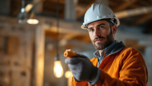 A photograph of a lighting contractor expertly using a twist lock plug in a well-lit construction or installation setting