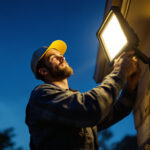 A photograph of a professional lighting contractor installing or adjusting a 120v security flood light in an outdoor setting