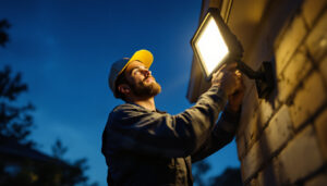 A photograph of a professional lighting contractor installing or adjusting a 120v security flood light in an outdoor setting