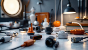 A photograph of a variety of electrical wire connectors displayed alongside modern lighting fixtures