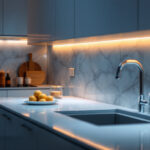 A photograph of a beautifully designed kitchen featuring sleek led under cabinet lighting that highlights the countertops and adds warmth to the space
