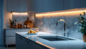 A photograph of a beautifully designed kitchen featuring sleek led under cabinet lighting that highlights the countertops and adds warmth to the space