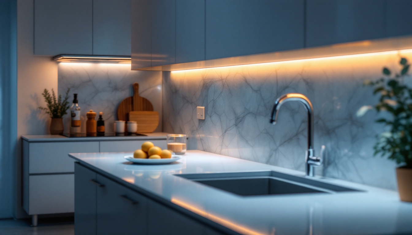 A photograph of a beautifully designed kitchen featuring sleek led under cabinet lighting that highlights the countertops and adds warmth to the space