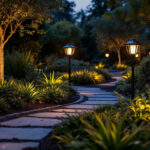 A photograph of a beautifully landscaped garden at dusk