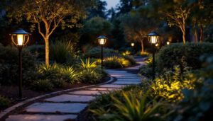 A photograph of a beautifully landscaped garden at dusk