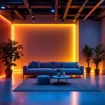 A photograph of a beautifully lit space showcasing vibrant led tape strip lighting installed along walls and furniture
