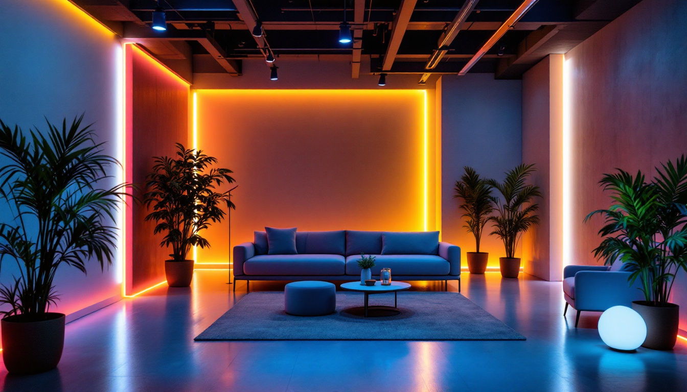 A photograph of a beautifully lit space showcasing vibrant led tape strip lighting installed along walls and furniture