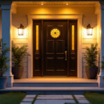 A photograph of a beautifully designed front door illuminated by stylish outdoor lighting