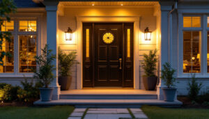 A photograph of a beautifully designed front door illuminated by stylish outdoor lighting