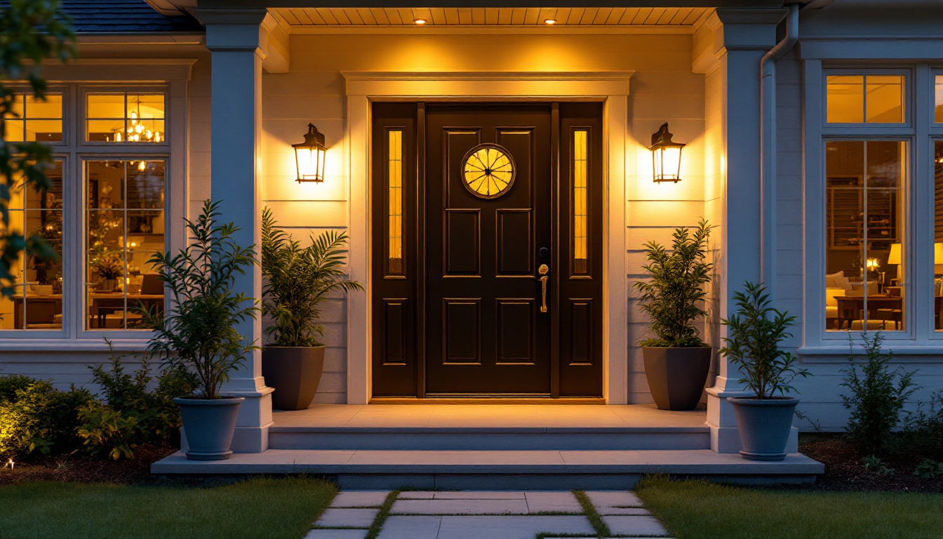 A photograph of a beautifully designed front door illuminated by stylish outdoor lighting