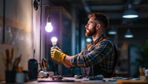 A photograph of a lighting contractor installing 4ft led bulbs in a commercial space