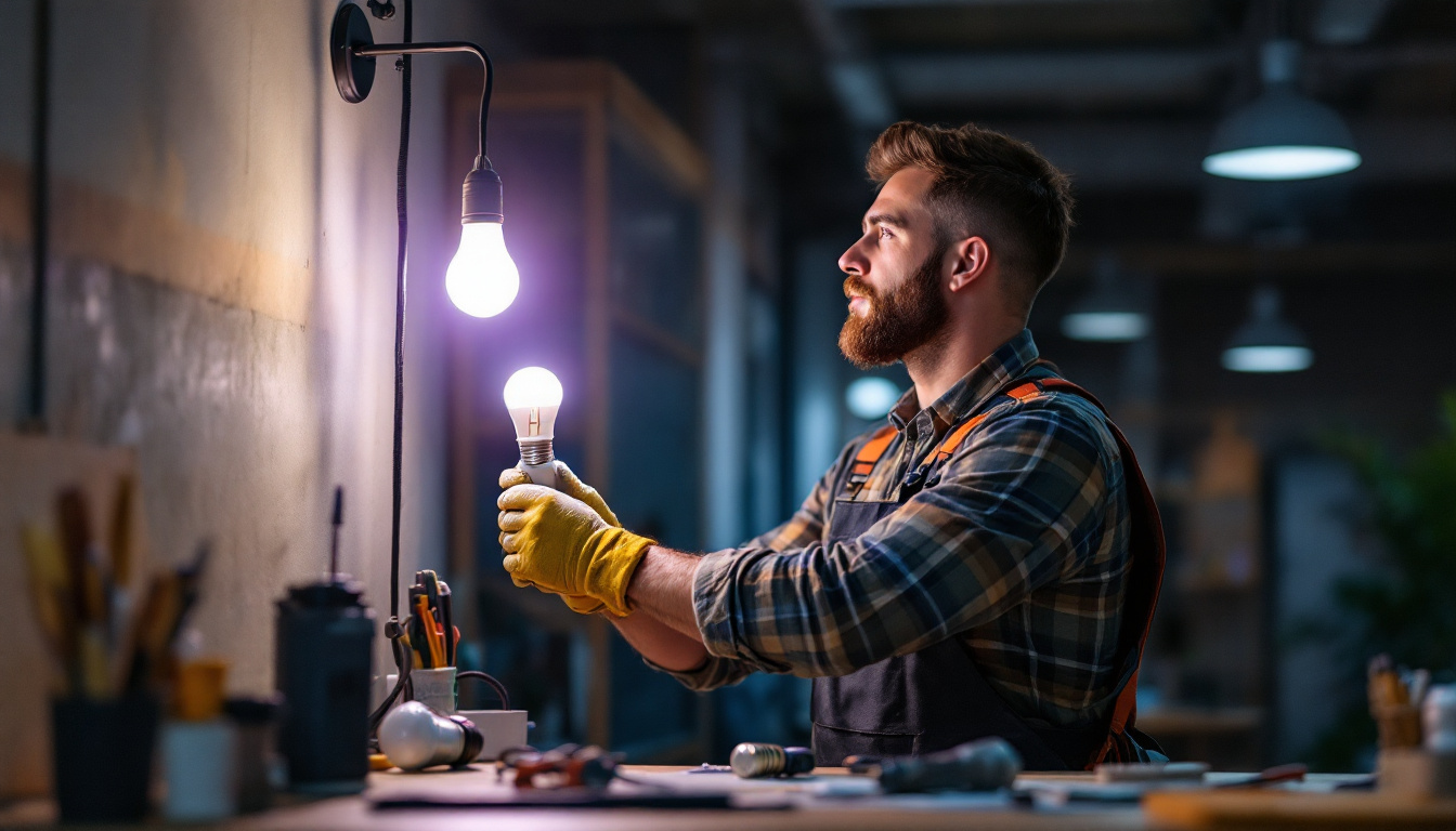 A photograph of a lighting contractor installing 4ft led bulbs in a commercial space