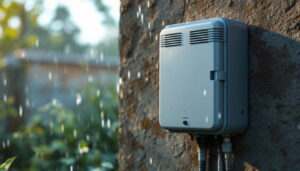 A photograph of a weather-resistant electrical box installed outdoors